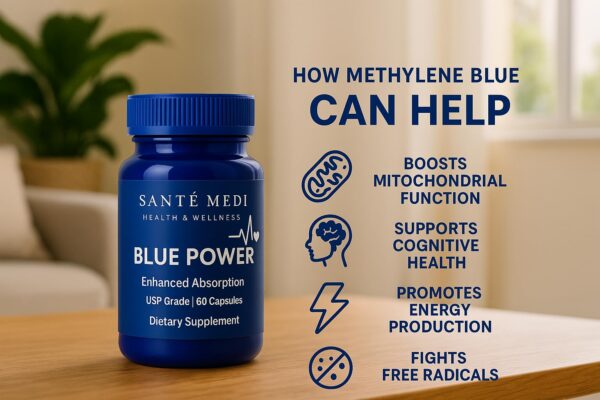 Etiqueta azul del frasco Blue Power Methylene Blue