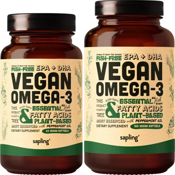 Frente del envase Sapling Omega 3 vegano de algas