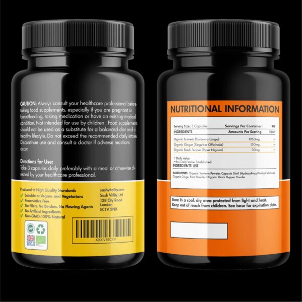 Suplemento de cúrcuma y pimienta negra orgánicos SASH Vitality