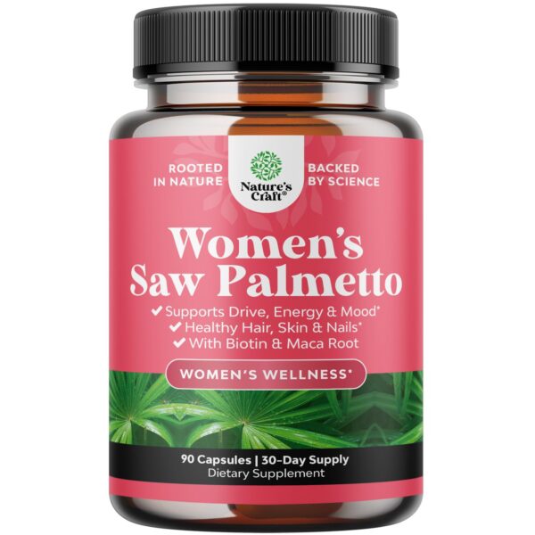 Version 1.0.0 Saw Palmetto para mujeres bote frontal 90 cápsulas