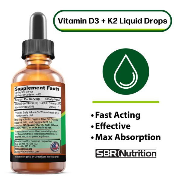 Frasco vitamina D3 K2 gotas líquidas sabor menta SBR Nutrition
