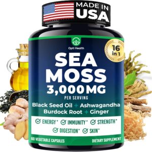 Frasco de cápsulas Sea Moss con ingredientes naturales para salud