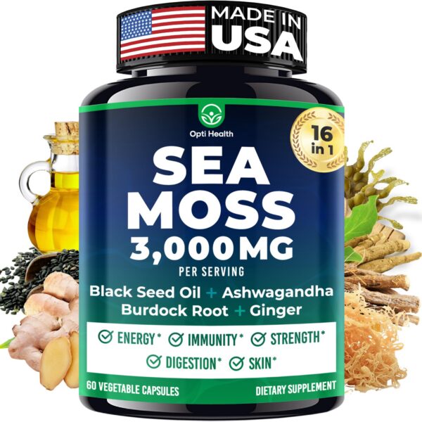 Frasco de cápsulas Sea Moss con ingredientes naturales para salud