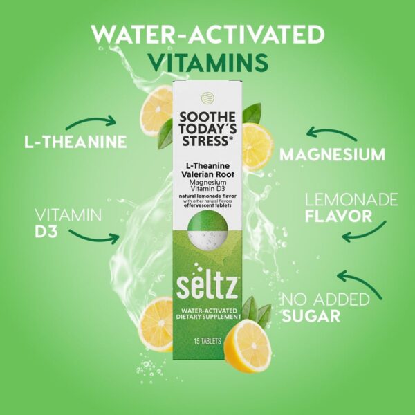 Etiqueta de Seltz Stress Less closeup