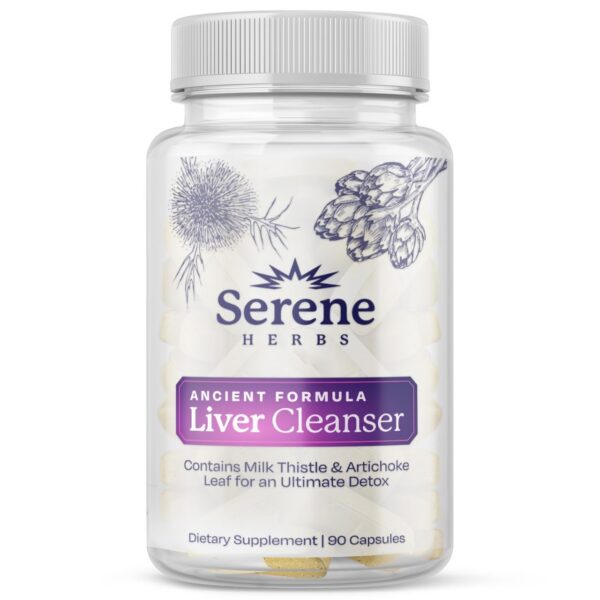 Botella de cápsulas detox para hígado Serene Herbs con ingredientes naturales