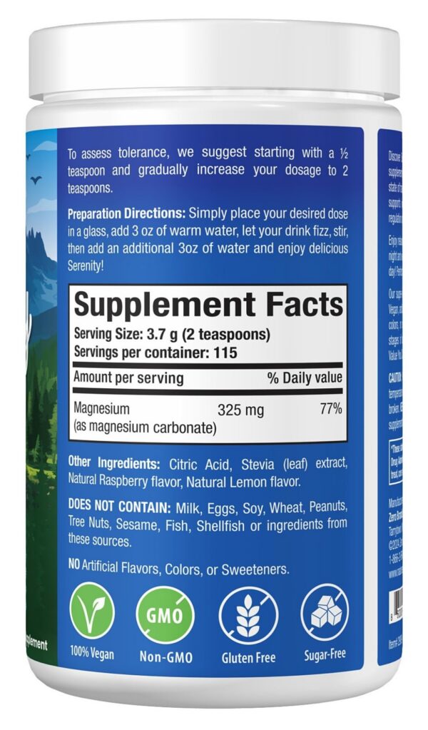 Etiqueta del producto Serenity con ingredientes