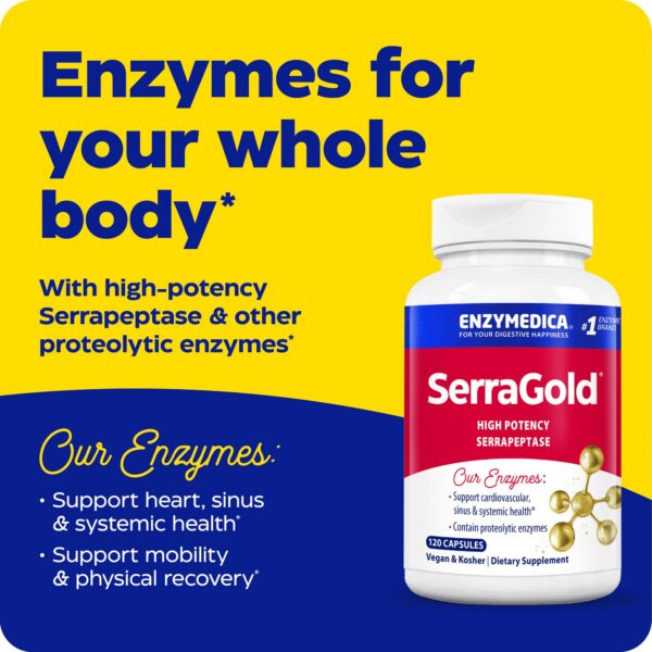 Etiqueta frontal SerraGold Enzymedica para apoyo inmune y cardiovascular