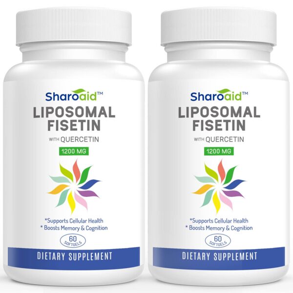 Frasco de Sharoaid Fisetin liposomal con quercetina