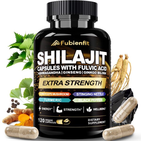 Frasco Shilajit cápsulas con etiqueta visible