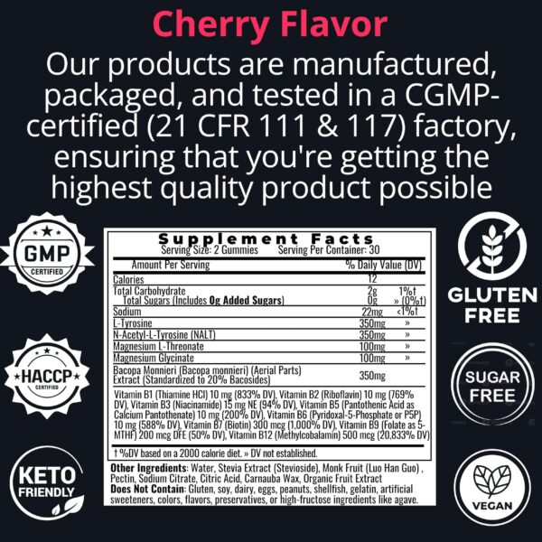 Detalle de etiqueta con Bacopa Monnieri y vitaminas