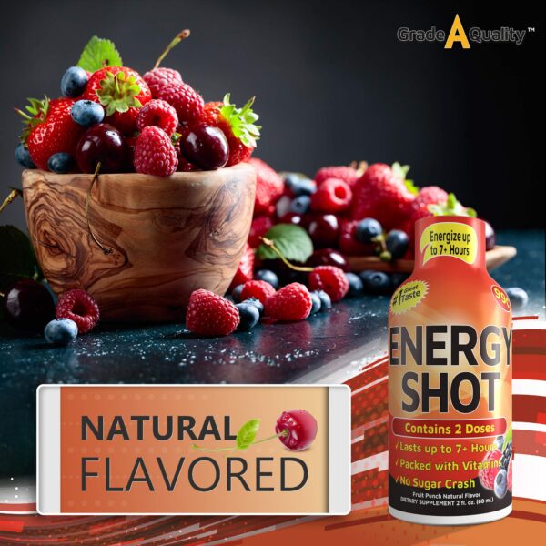 Shot energético Grade A Quality vista de cerca etiqueta frontal