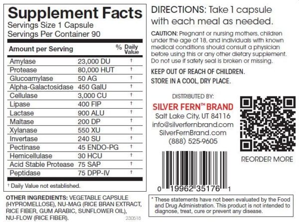 Etiqueta frontal Silver Fern enzimas digestivas