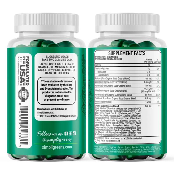 Etiqueta de SIMPLI GREENS Gomitas veganas de superalimentos