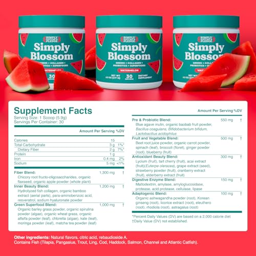 Envase frontal Simply Blossom Nutrition Daily Greens polvo sabor sandía