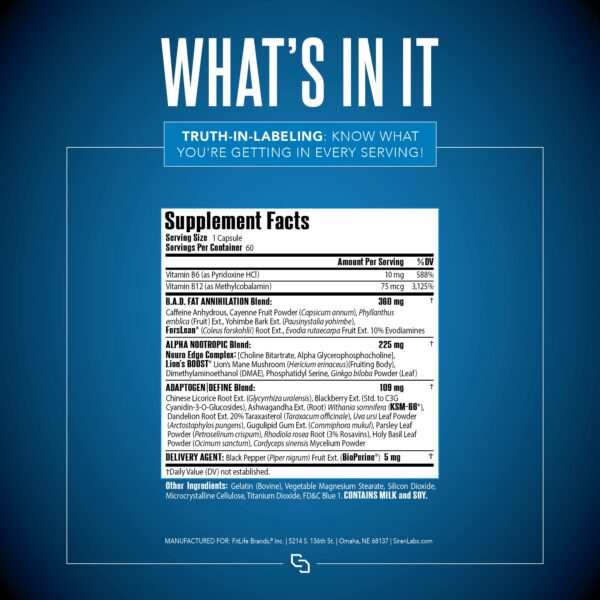 Etiqueta lateral del producto Siren Labs Neuro Lean Termogénico