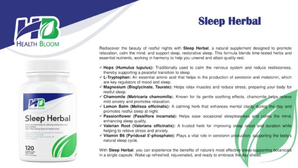 Sleep Herbal Health Bloom suplemento sueño 120 cápsulas