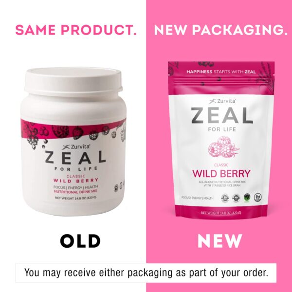 Sobre abierto con polvo nutricional Zeal sabor Berry Silvestre