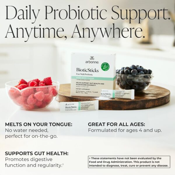 Sobres individuales de probiótico Arbonne BioticSticks sabor frutos del bosque