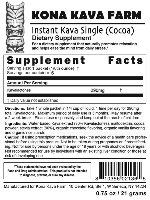 Version 1.0.0 Sobres individuales kava instantánea Kona Kava cacao sabor vainilla