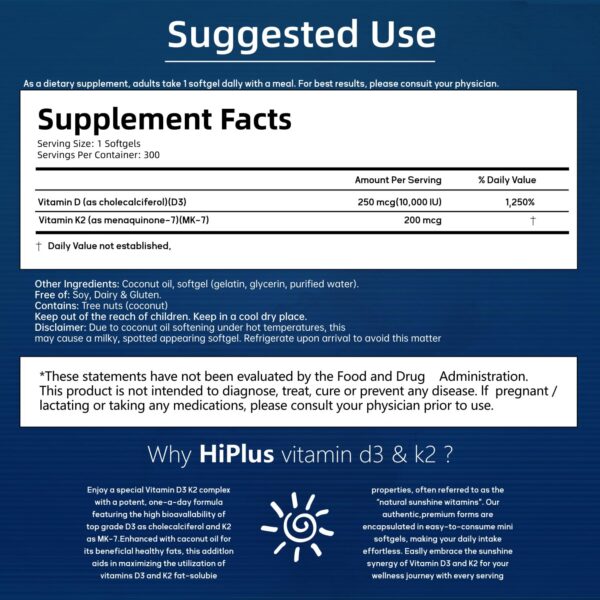 Softgels HiPlus Vitamina D3 y K2 con aceite de coco