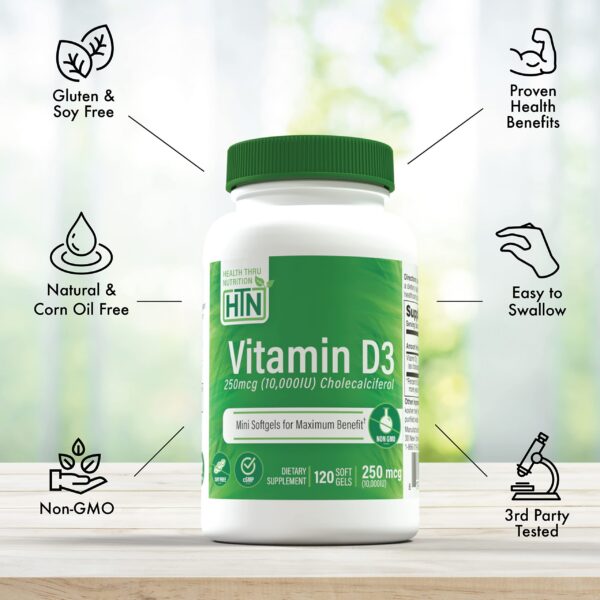 Version 1.0.0 Softgels de vitamina d3 10000 iu de health thru nutrition sobre fondo blanco