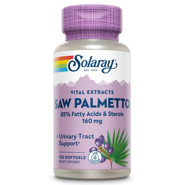 Frasco de extracto de Saw Palmetto SOLARAY para salud prostática