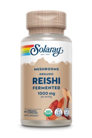 Frasco de cápsulas de hongo reishi fermentado SOLARAY respaldo inmunológico