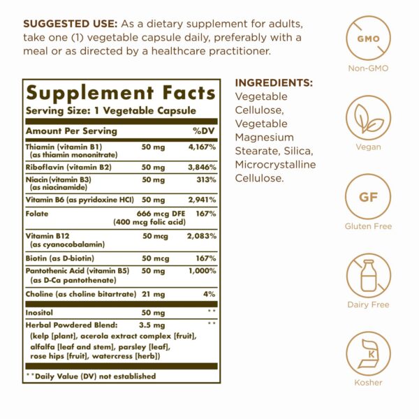 Caja de Solgar B-Complex 50 con ingredientes destacados