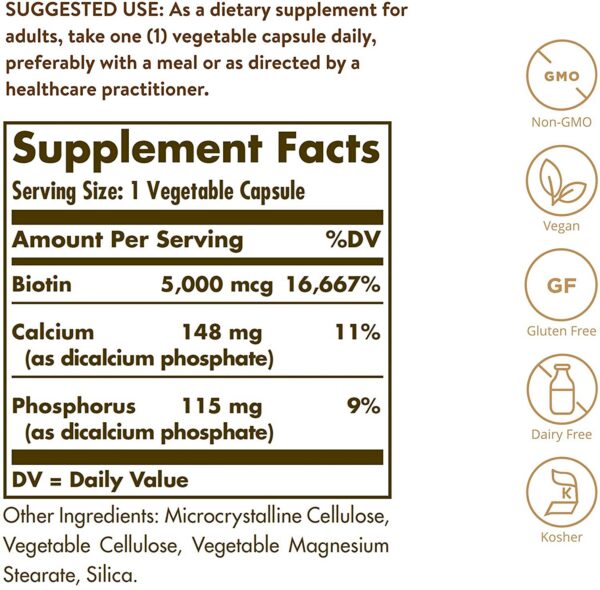 Solgar Biotin 5000 mcg capsulas etiqueta