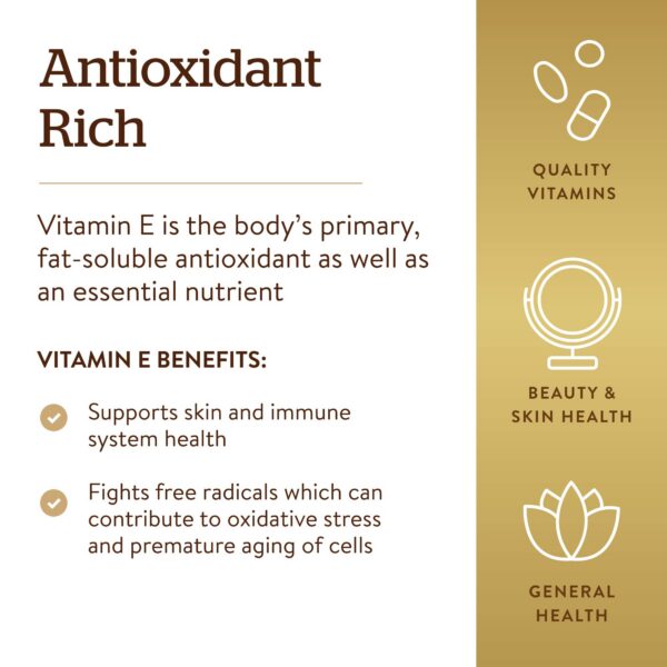 Solgar cápsulas blandas vitamina E antioxidante apoyo piel e inmune