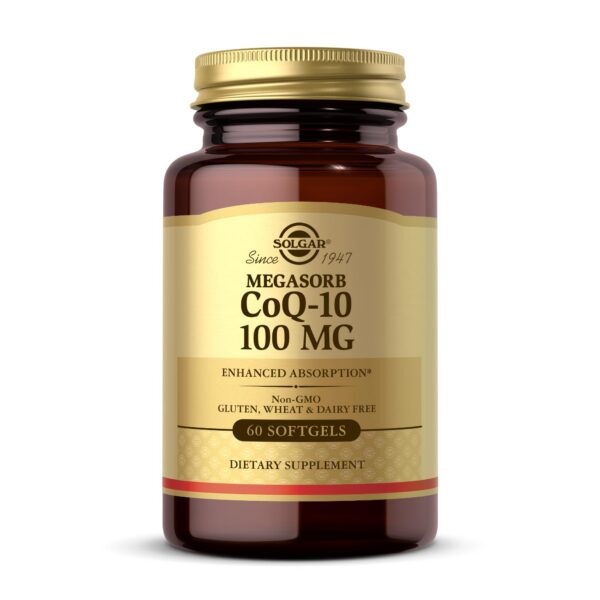 Frasco Solgar Megasorb CoQ-10 100 mg y etiqueta