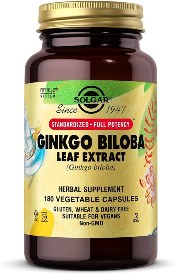 Solgar extracto de hoja de ginkgo biloba saludable para el cerebro 180 cápsulas vegetales