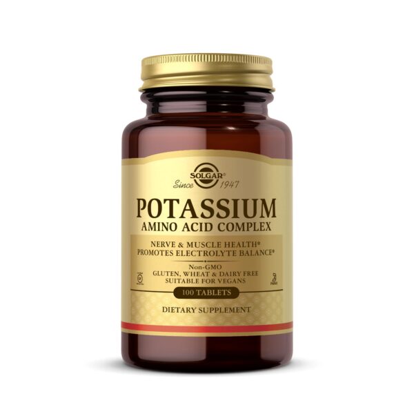 Botella de Solgar Potassium Amino Acid Complex y etiqueta