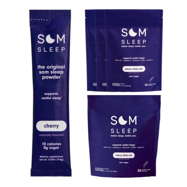 Som Sleep polvo mezcla ayuda sueño sabor cereza paquete 60 sobres