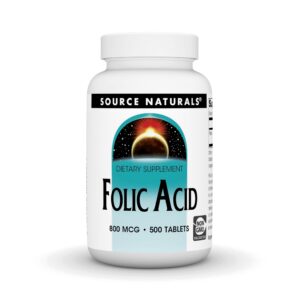 Frontal de la botella Source Naturals ácido fólico 800 mcg 500 tabletas