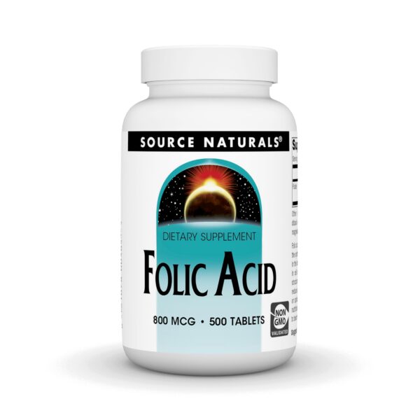 Frontal de la botella Source Naturals ácido fólico 800 mcg 500 tabletas