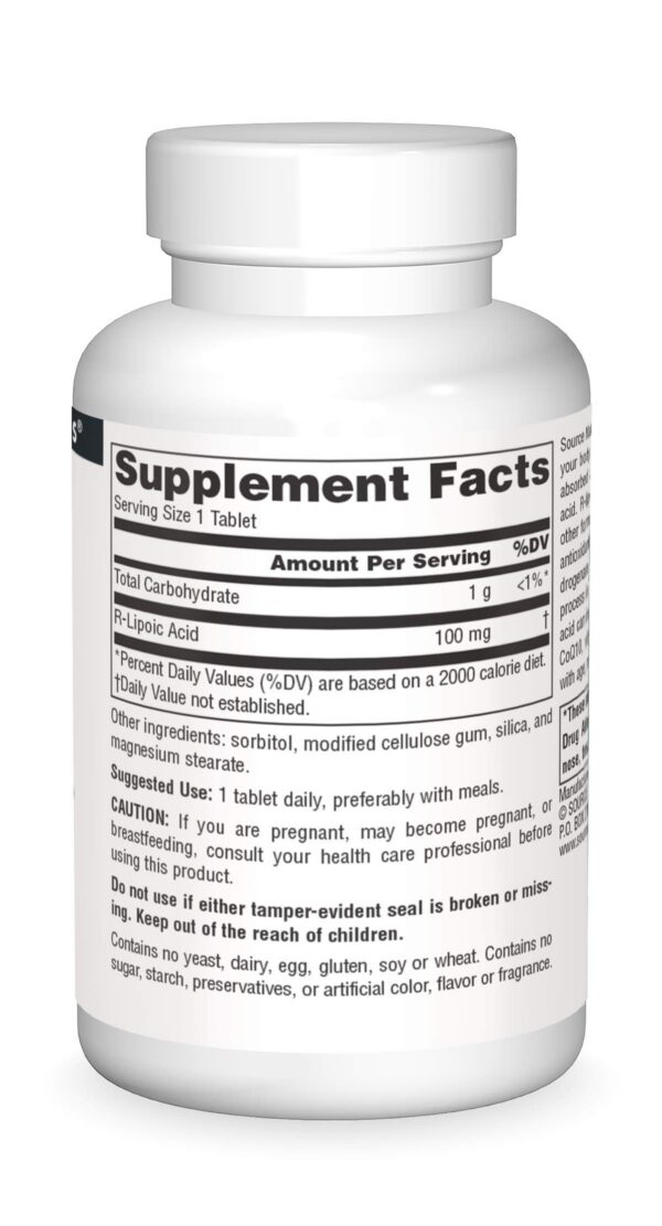 Frasco de Source Naturals R-Lipoic Acid 60 tabletas