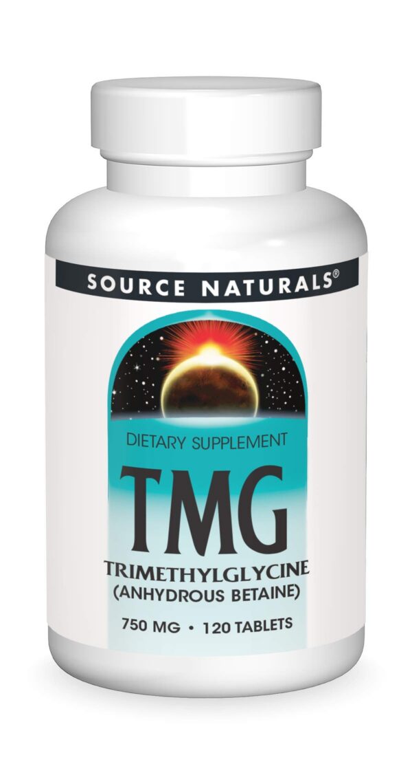 Frasco frontal de Source Naturals TMG 750 mg tabletas