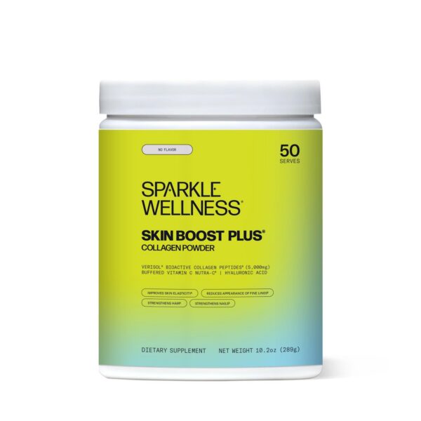 Frasco con etiqueta Sparkle Wellness VERISOL colágeno en polvo