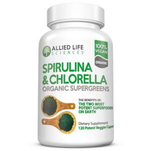 Frasco de cápsulas de Spirulina y Chlorella Allied Life superalimento verde orgánico
