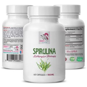 Botella de cápsulas orgánicas de espirulina 500mg para soporte cerebral
