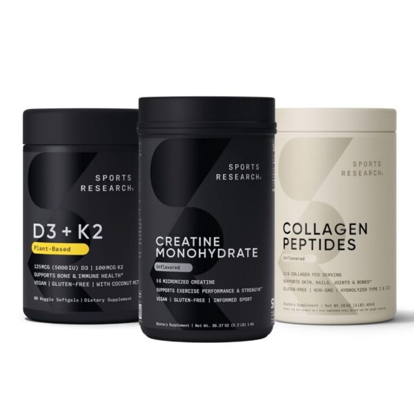 Sports Research Creatine Monohydrate front label con D3 vegano y K2