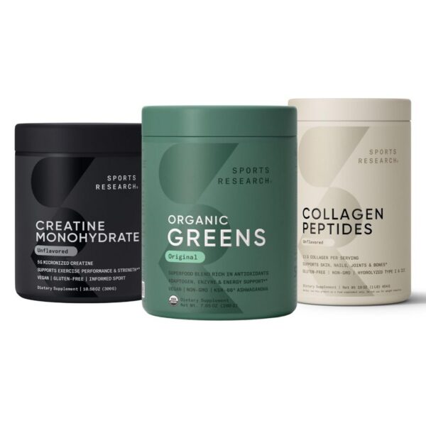 Frente del envase de Sports Research Greens Powder