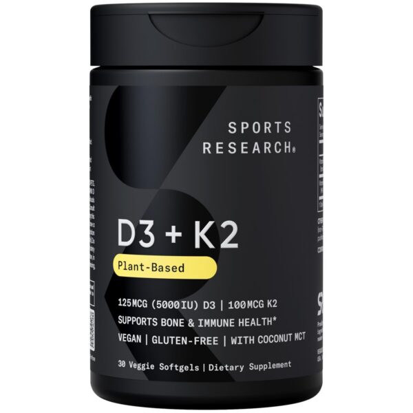 Sports Research Vitamina D3 K2 con aceite de coco frasco 30 cápsulas