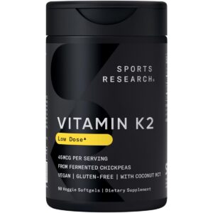 Frasco Sports Research vitamina k2 45 mcg con aceite coco 90 cápsulas