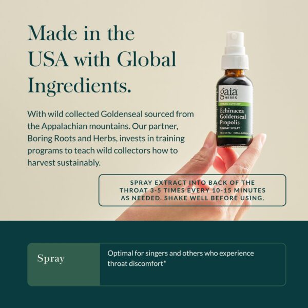 Spray para garganta Gaia Herbs lado botella y etiqueta