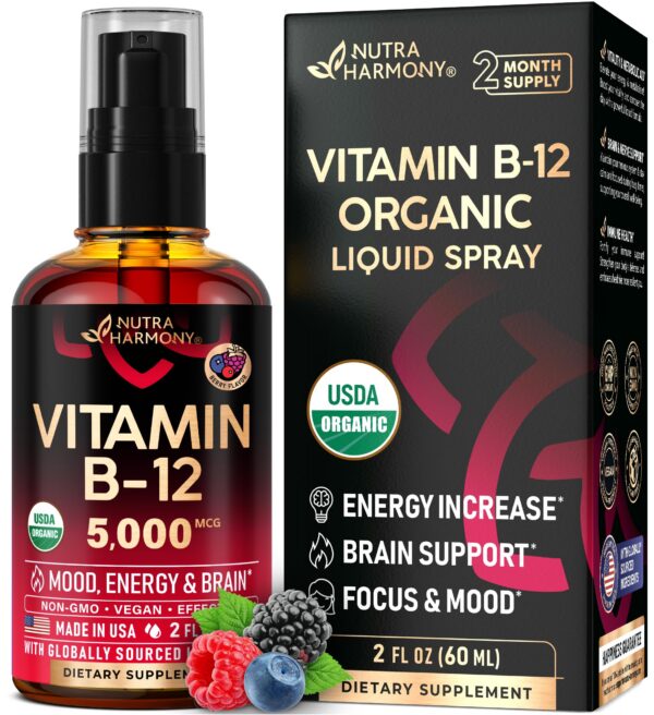 Spray sublingual B12 orgánica 5000mcg NUTRAHARMONY botella roja
