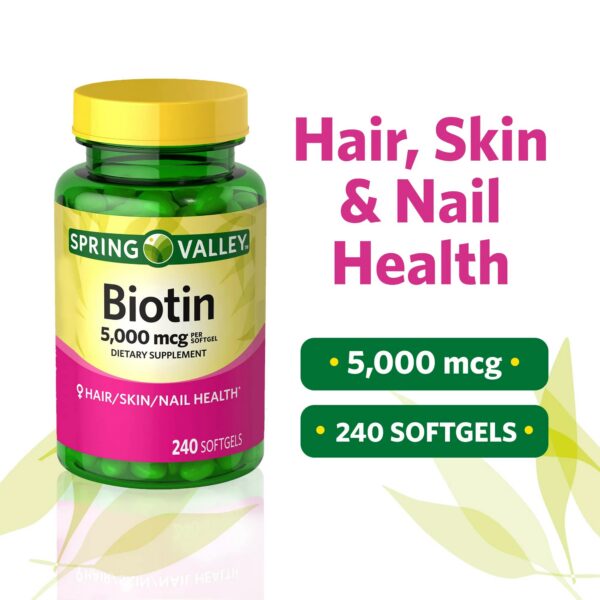 Etiqueta frontal de Spring Valley Biotin 5000 mcg