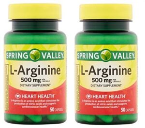 Frente del envase Spring Valley L-Arginine 100 cápsulas 500 mg