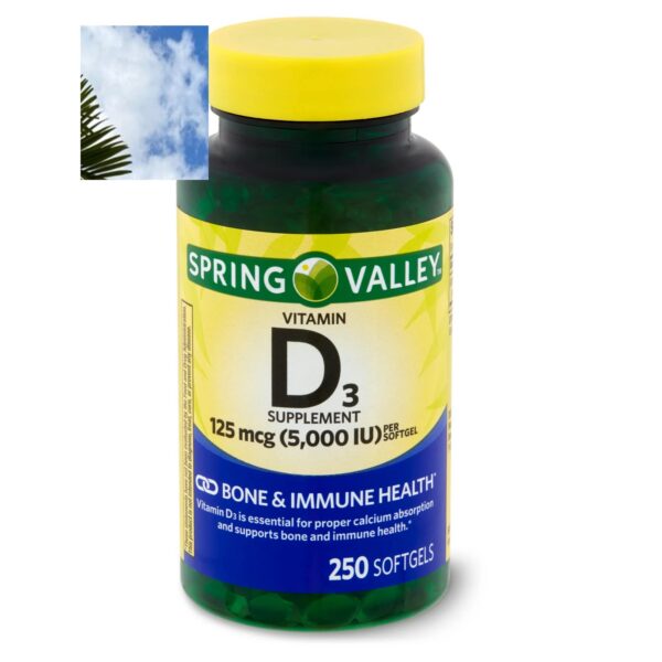 Spring Valley vitamina D3 5000 UI botella 250 cápsulas blandas